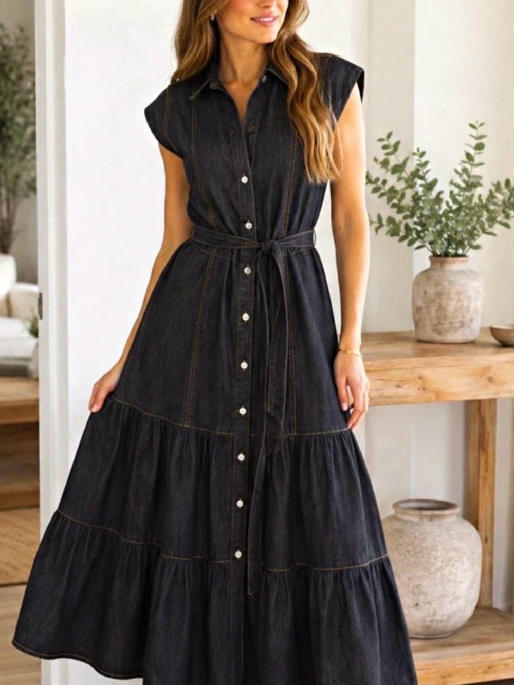 Elan Button-Front Sleeveless Tiered Denim Maxi Dress